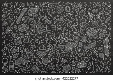 Line art chalkboard vector hand drawn doodle cartoon set of italian cuisine objects and symbols