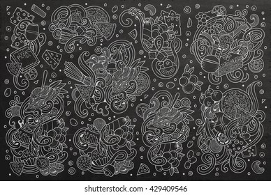 Line art chalkboard vector hand drawn doodle cartoon set of italian cuisine objects and symbols