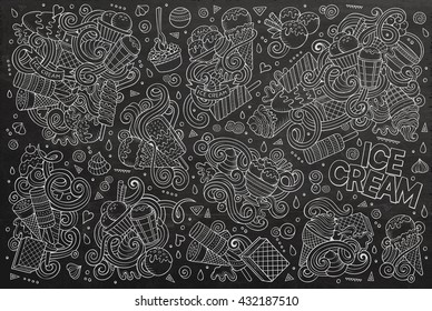 Line art chalkboard vector hand drawn doodle cartoon set of ice cream objects and symbols