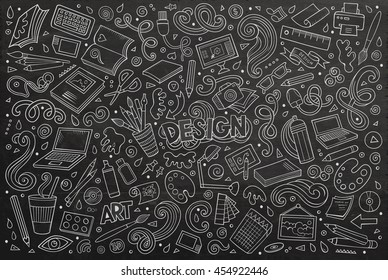 Line art chalkboard vector hand drawn doodle cartoon set of design theme items, objects and symbols