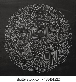 Line art chalkboard vector hand drawn set of Back to School cartoon doodle objects, symbols and items. Round composition