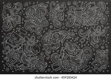Line art chalkboard vector hand drawn doodle cartoon set of design theme items, objects and symbols