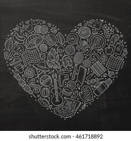 Line art chalkboard vector hand drawn set of Picnic cartoon doodle objects, symbols and items. Heart form composition