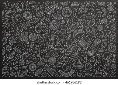 Line art chalkboard vector hand drawn doodle cartoon set of Mexican Food theme items, objects and symbols