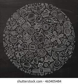 Line art chalkboard vector hand drawn set of Space cartoon doodle objects, symbols and items. Round composition