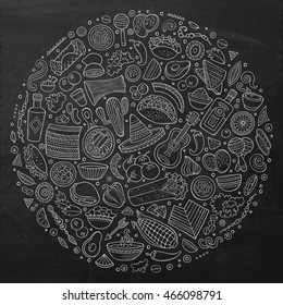 Line art chalkboard vector hand drawn set of Mexican food cartoon doodle objects, symbols and items. Round composition
