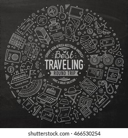 Line art chalkboard vector hand drawn set of Travel cartoon doodle objects, symbols and items. Round frame composition