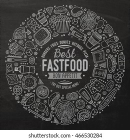 Line art chalkboard vector hand drawn set of Fast food cartoon doodle objects, symbols and items. Round frame composition