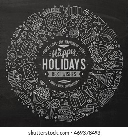 Line art chalkboard vector hand drawn set of Holidays cartoon doodle objects, symbols and items. Round frame composition