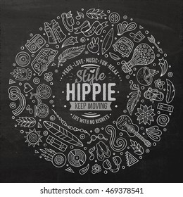 Line art chalkboard vector hand drawn set of Hippie cartoon doodle objects, symbols and items. Round frame composition