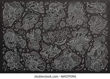 Line art chalkboard vector hand drawn doodle cartoon set of Mexican Food theme items, objects and symbols