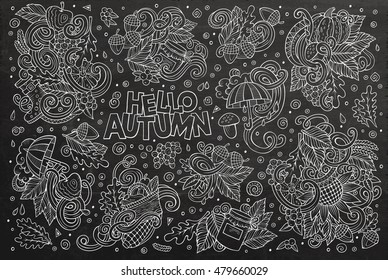 Line art chalkboard vector hand drawn doodle cartoon set of Autumn theme items, objects and symbols