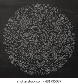 Line art chalkboard vector hand drawn set of Marine, Nautical cartoon doodle objects, symbols and items. Round form composition