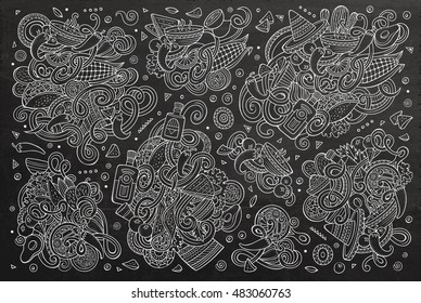 Line art chalkboard vector hand drawn doodle cartoon set of Mexican Food theme items, objects and symbols