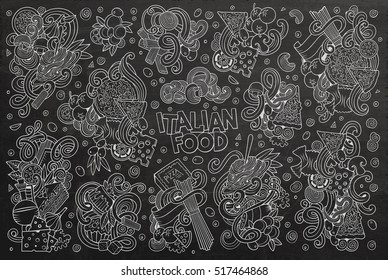 Line art chalkboard vector hand drawn doodle cartoon set of italian cuisine objects and symbols