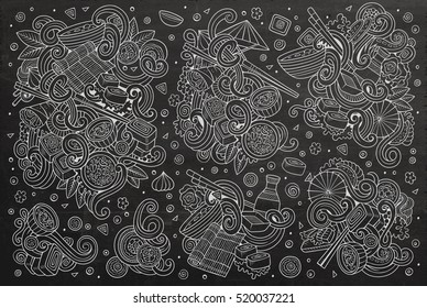 Line art chalkboard vector hand drawn doodle cartoon set of Japan food objects and symbols designs