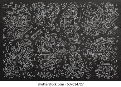 Line art chalkboard vector hand drawn doodle cartoon set of design theme items, objects and symbols