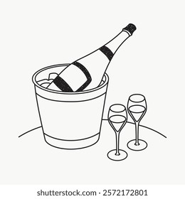 Line art of a champagne bottle in an ice bucket with two glasses. Simple, elegant design for celebrations or special occasions. Minimalist style. Simple black line art doodle vector.