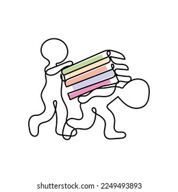 Line art character concept with transparent background. Vector art of a person with a pile of books on his back. Learning and education concept.