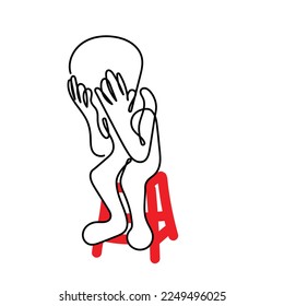 Concepto de carácter de arte de línea con fondo transparente. Vector de un hombre sentado en un taburete con la cara cubierta de las manos. Una persona estresada y deprimida.