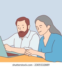 line art character couple working together on computer consult each other hand drawn illustration vector