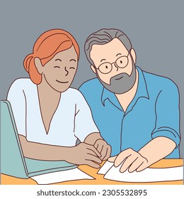 line art character couple working together on computer consult each other hand drawn illustration vector