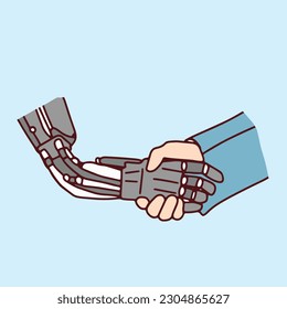 line art character executive businessman hand in hand robot concept technology new era modern hand drawn illustration vector