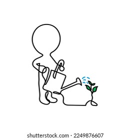 Carácter de arte de línea con fondo transparente. Arte vectorial mínimo. Un icono de línea de un hombre regando la planta. Concepto de plantación.