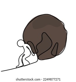 Line art character with transparent background. Minimal vector art. One line icon of person carrying himself despite burden of responsibilities. 