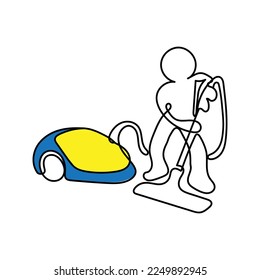 Carácter de arte de línea con fondo transparente. Arte vectorial mínimo. Un icono de línea de un hombre limpiando con aspiradora.