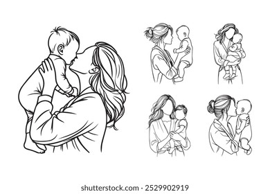 Line Art Cheerful Cute Baby With Foster Mother Pose Art Black and White Illustration Hand Drawn Clipart