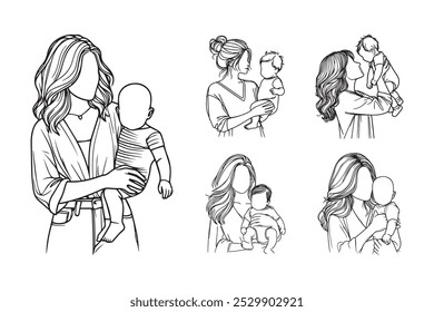 Line Art Cheerful Cute Baby With Foster Mother Pose Art Black and White Illustration Hand Drawn Clipart