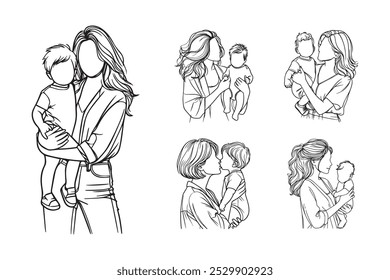 Line Art Cheerful Cute Baby With Foster Mother Pose Art Black and White Illustration Hand Drawn Clipart
