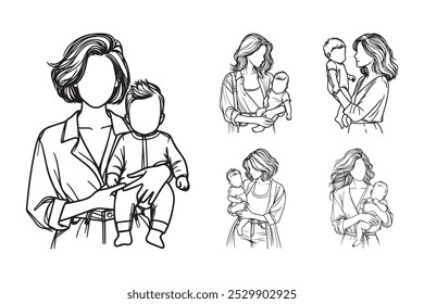 Line Art Cheerful Cute Baby With Foster Mother Pose Art Black and White Illustration Hand Drawn Clipart