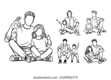 Arte de línea Alegre Padre con hijo Sentado Pose Art Ilustración en blanco y negro Dibujado a mano Clipart