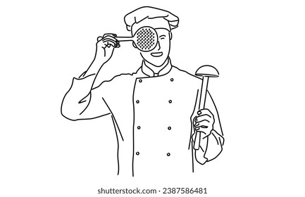 line art of chef with kitchen appliances
