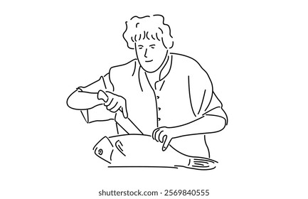 line art of chef slicing a big fish