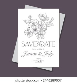 Line Art Cherry Blossom Wedding Invitation template, Outline Sakura Minimalist Wedding Stationery 