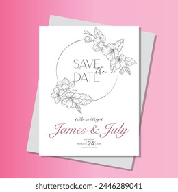 Line Art Cherry Blossom Wedding Invitation template, Outline Sakura Minimalist Wedding Stationery 