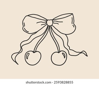 Line art cherry with bow ribbon isolated. Hand drawn cute cherries heart with bowknot coquette graphic. Vector outline illustration