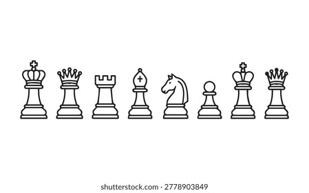Line art chess set displayed horizontally against a plain white backdrop. Ideal for strategy and board game concepts.
