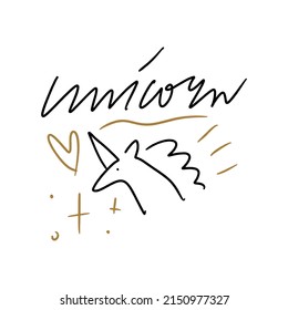 Line art childish doodle cute boho groovy girl unicorn icon vector illustration adorable kids drawing