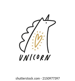 Line art childish doodle cute boho groovy girl unicorn icon vector illustration adorable kids drawing