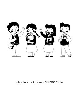 line art children illustration back to school collection, children uniform, talking, go to school, outline, black and white, vector