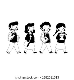 line art children illustration go to school,  back to school collection, children uniform, talking, outline, black and white, vector
