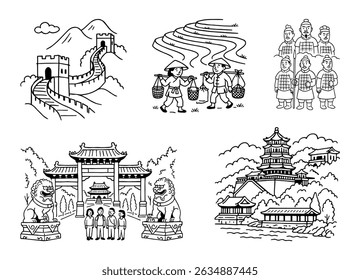 Line art of China sights: Great Wall, rice fields, soldiers, gates, and pagodas in black.