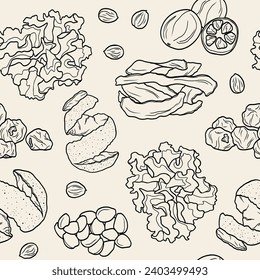 Line art Chinese herbs background. Apricot kernels, white fungus, tangerine peel, monk fruit, longan, Solomon's seal