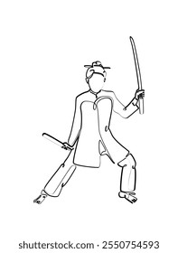 Line art of Chinese or Japanese swordwan wearing traditional clothing dress holding sword, perfect for poster, T-shirt design an print design