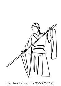 Line art of Chinese or Japanese swordwan wearing traditional clothing dress holding sword, perfect for poster, T-shirt design an print design