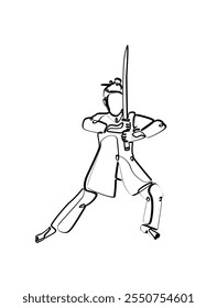 Line art of Chinese or Japanese swordwan wearing traditional clothing dress holding sword, perfect for poster, T-shirt design an print design